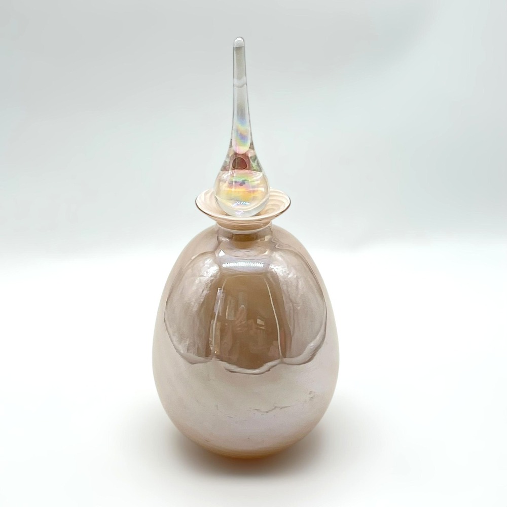 Vintage Opalescent Art Glass Perfume Bottle‎ Pink Peach Iridescent With Stopper